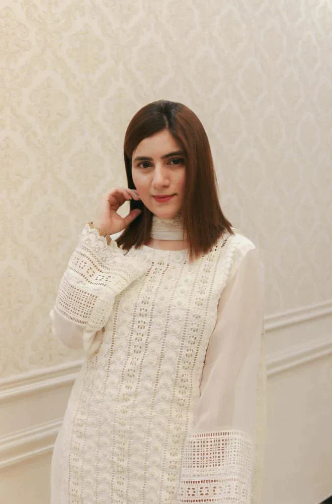 A+ 3 PCS Chikenkari White Embroidered  Lawn Collection BULM-D-750