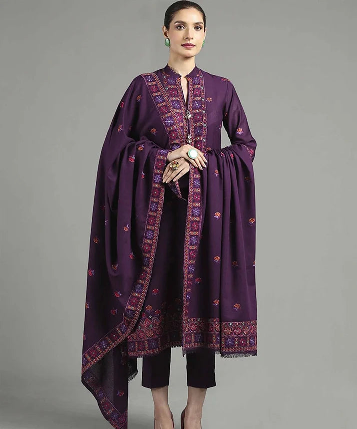 A+ 3PCS Dhanak  Embroidered Shirt with Dhanak Embroidered Shawl Winter Collection ULM-3446