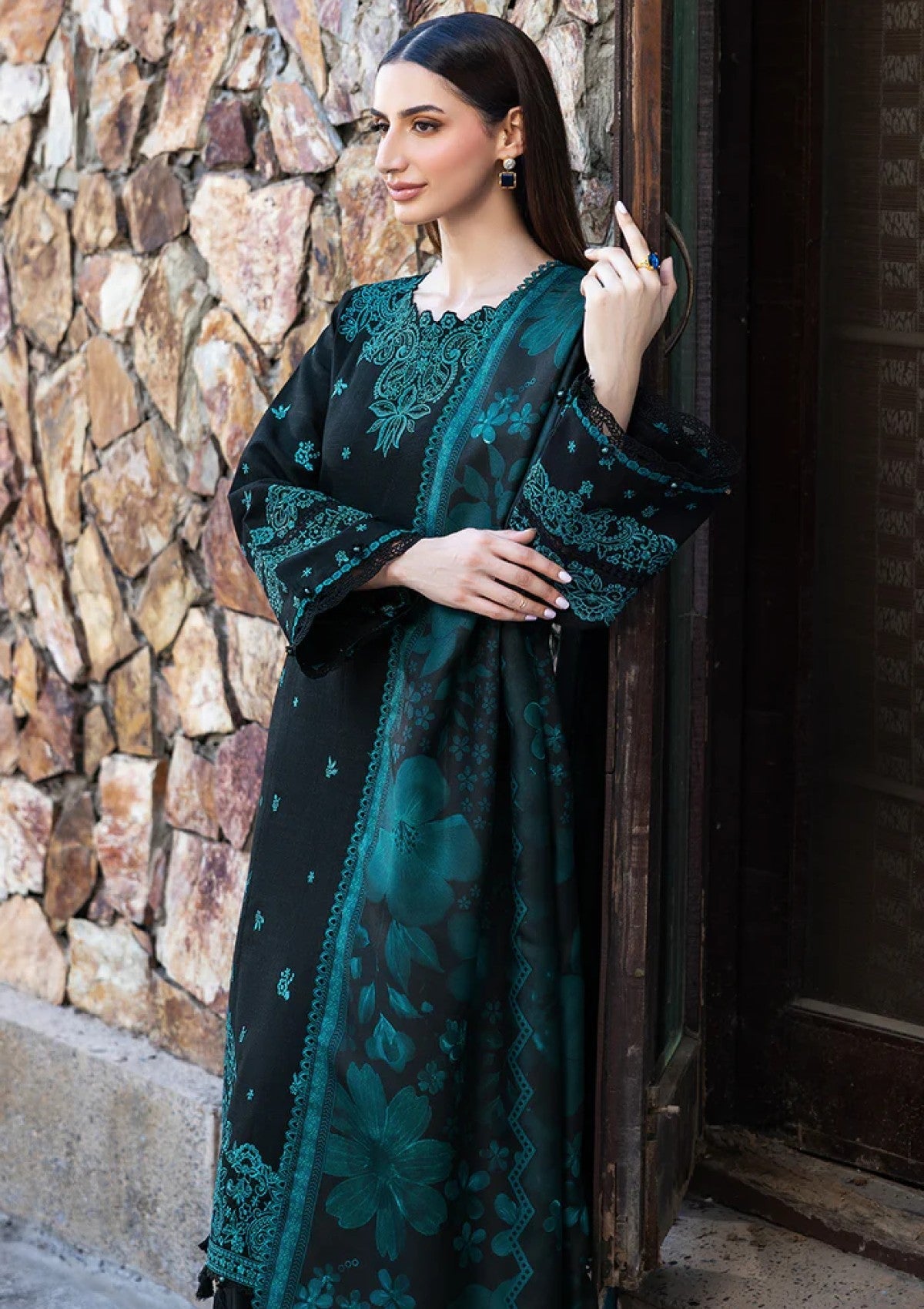 Dhanak-3PC Embroidered Shirt with Digital Printed Wool Shawl - 6098