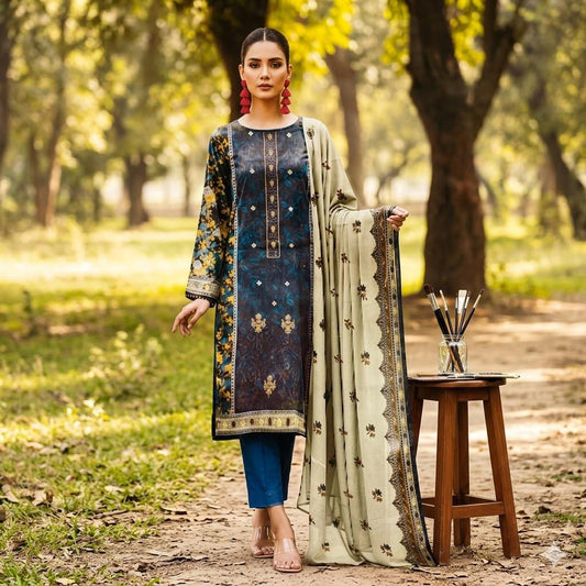3PC Digital Printed Lawn Collection With Embroided Neck Line And Daman SC-1027