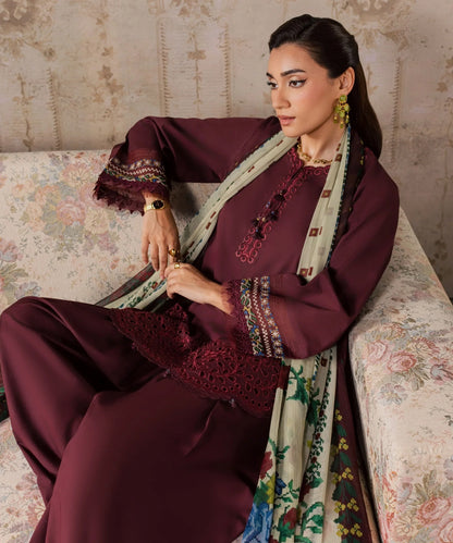 Dhanak-3PC Chikankari Embroidered Shirt with Digital Printed Shawl - 6457