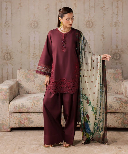 Dhanak-3PC Chikankari Embroidered Shirt with Digital Printed Shawl - 6457