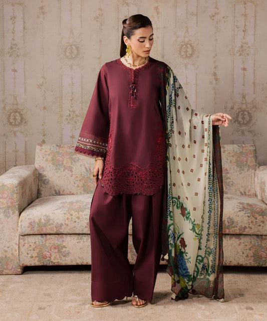 Dhanak-3PC Chikankari Embroidered Shirt with Digital Printed Shawl - 6457