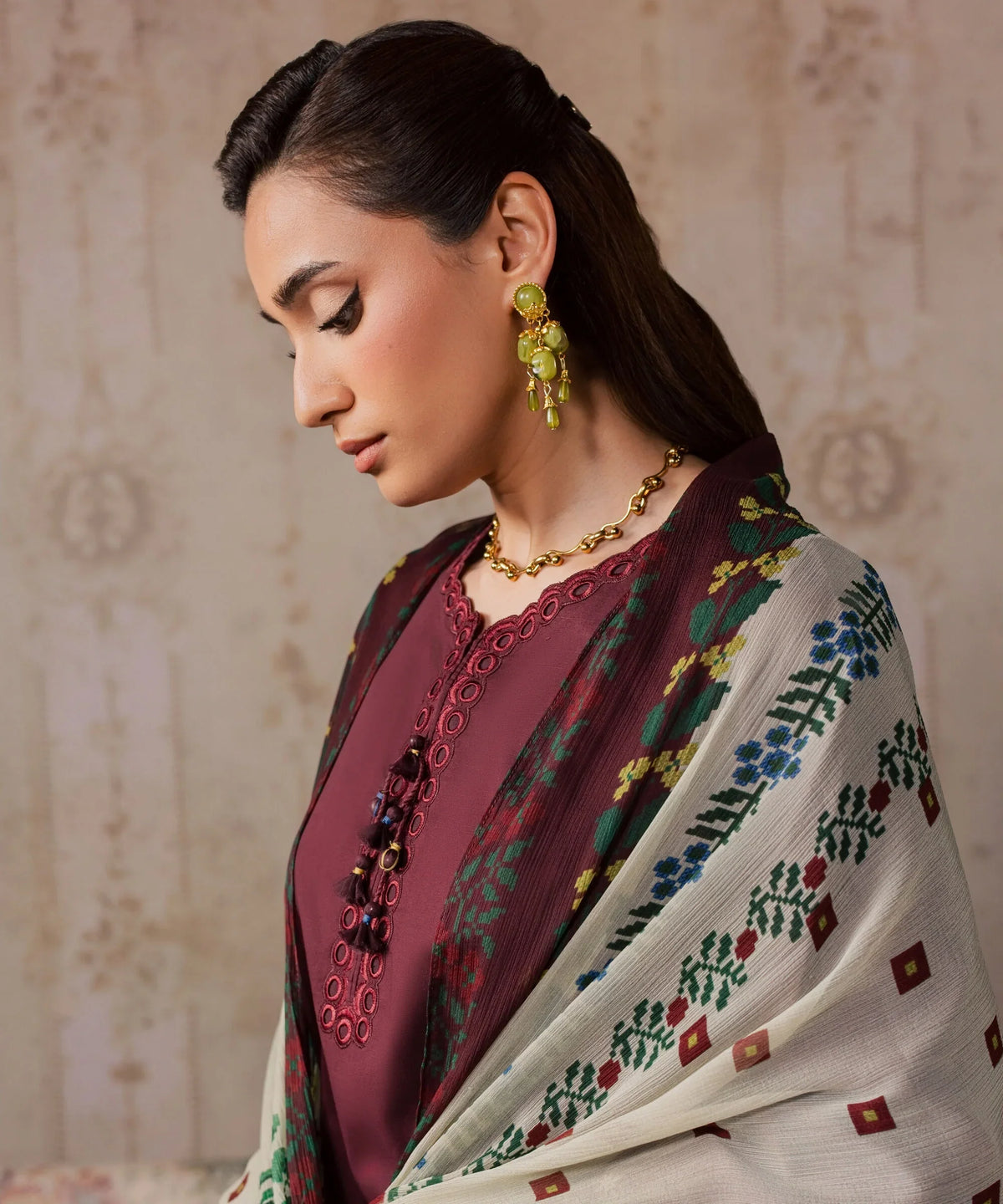Dhanak-3PC Chikankari Embroidered Shirt with Digital Printed Shawl - 6457