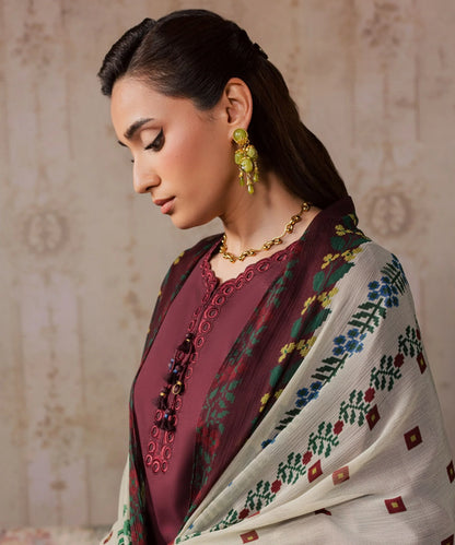Dhanak-3PC Chikankari Embroidered Shirt with Digital Printed Shawl - 6457