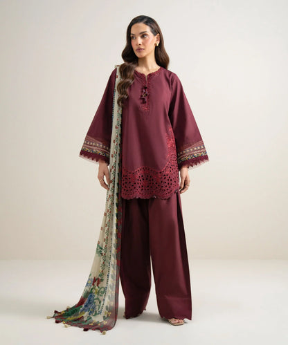 Dhanak-3PC Chikankari Embroidered Shirt with Digital Printed Shawl - 6457