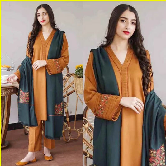 3PCS (musturd Dhanak) Embroidered With Dhanak Duppata LC Winter Collection ULM-889