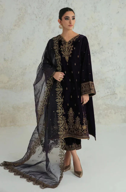 3PCS Velvet Dress With Embroidered Organza Dupatta Velvet Winter Collection 966