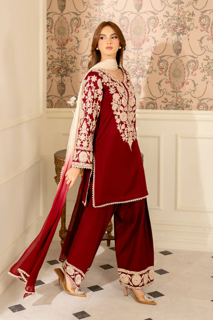 Dhanak-3PC Embroidered Shirt with Chiffon Embroidered Dupatta - 6366
