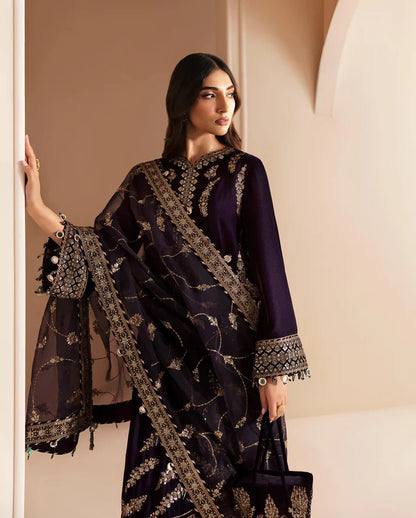 3PCS Embroidered Velvet Dress With Shamooz Silk Trouser Velvet Winter Collection 968