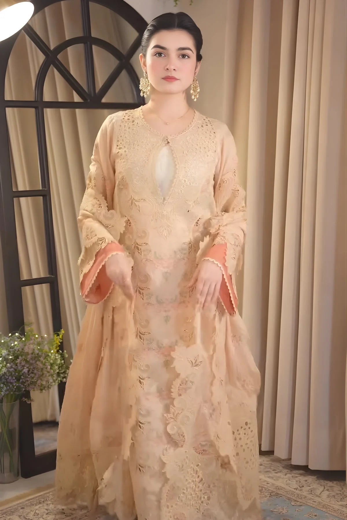 Dhanak-3PC Embroidered Shirt with Khadi Net Embroidered Dupatta - 6435