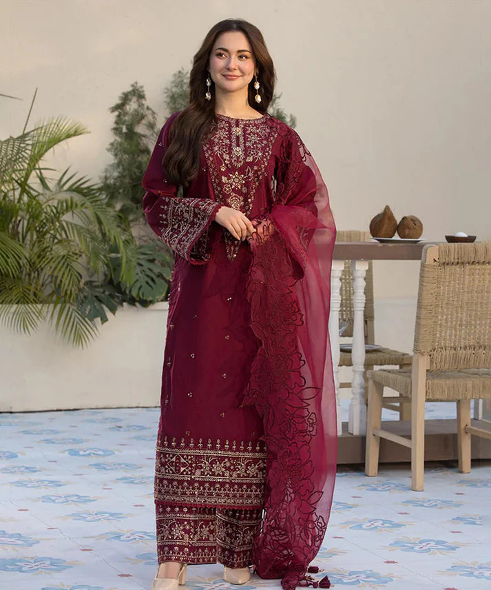 3PCS Dhanak- Embroidered Shirt with Organza Embroidered Dupatta Winter Collection ULM- 3285