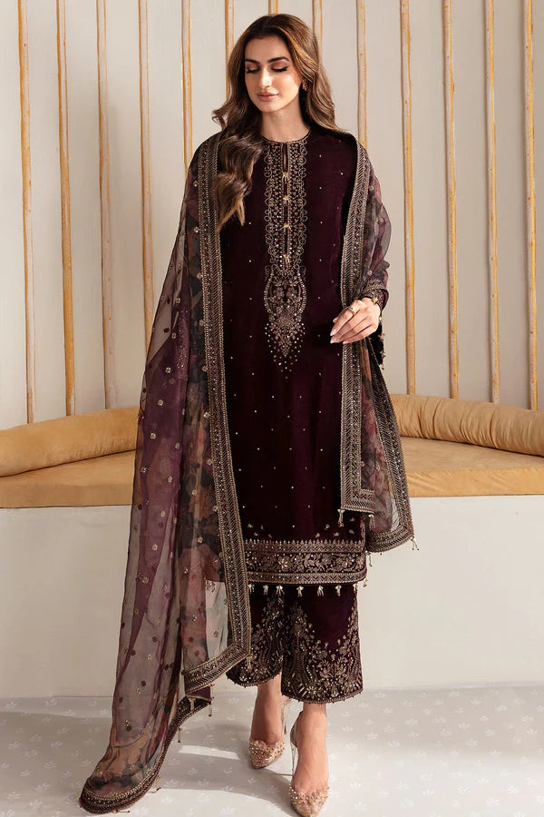 3PCS -Embroidered Velvet Dress with Organza Dupatta Velvet Collection-750