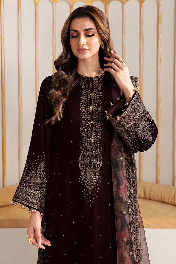 3PCS -Embroidered Velvet Dress with Organza Dupatta Velvet Collection-750