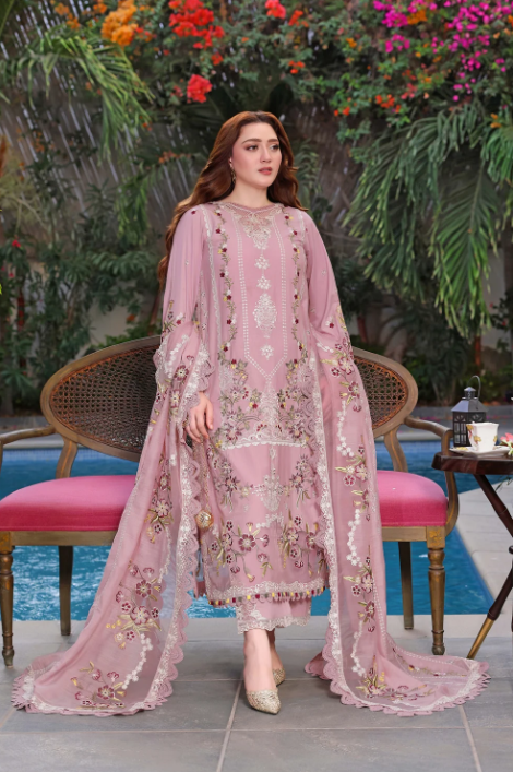 Dhanak-3PC Embroidered Shirt with Khadi Net Embroidered Dupatta - 6436
