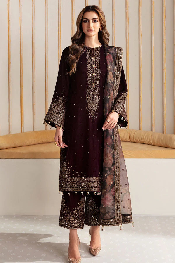 3PCS -Embroidered Velvet Dress with Organza Dupatta Velvet Collection-750