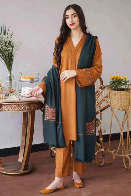 3PCS (musturd Dhanak) Embroidered With Dhanak Duppata LC Winter Collection ULM-889