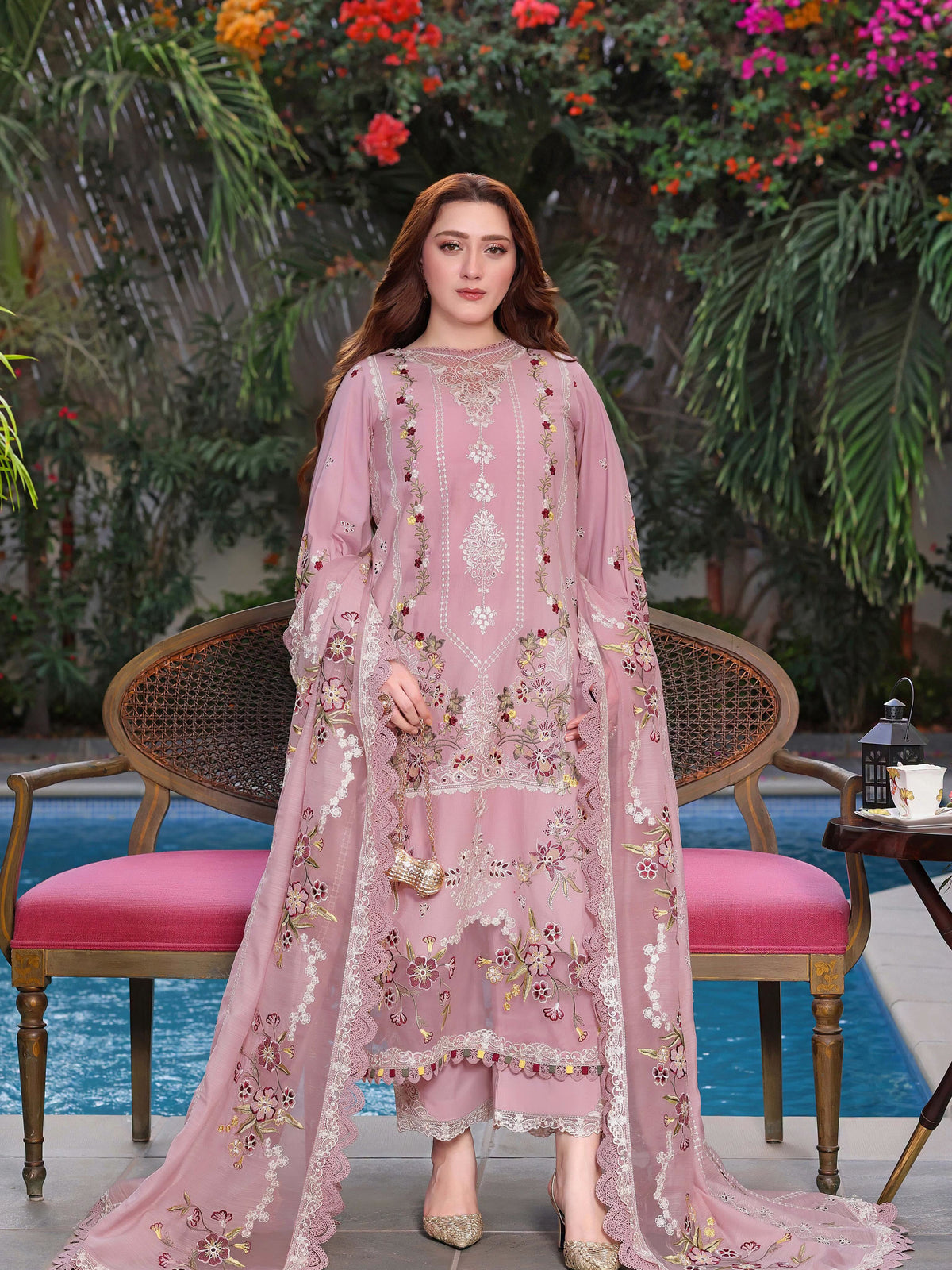 Dhanak-3PC Embroidered Shirt with Khadi Net Embroidered Dupatta - 6436