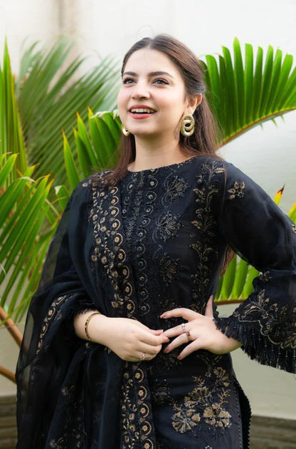A+ 3PCS Black Linen Embroidered Shirt Winter Collection ULM-842