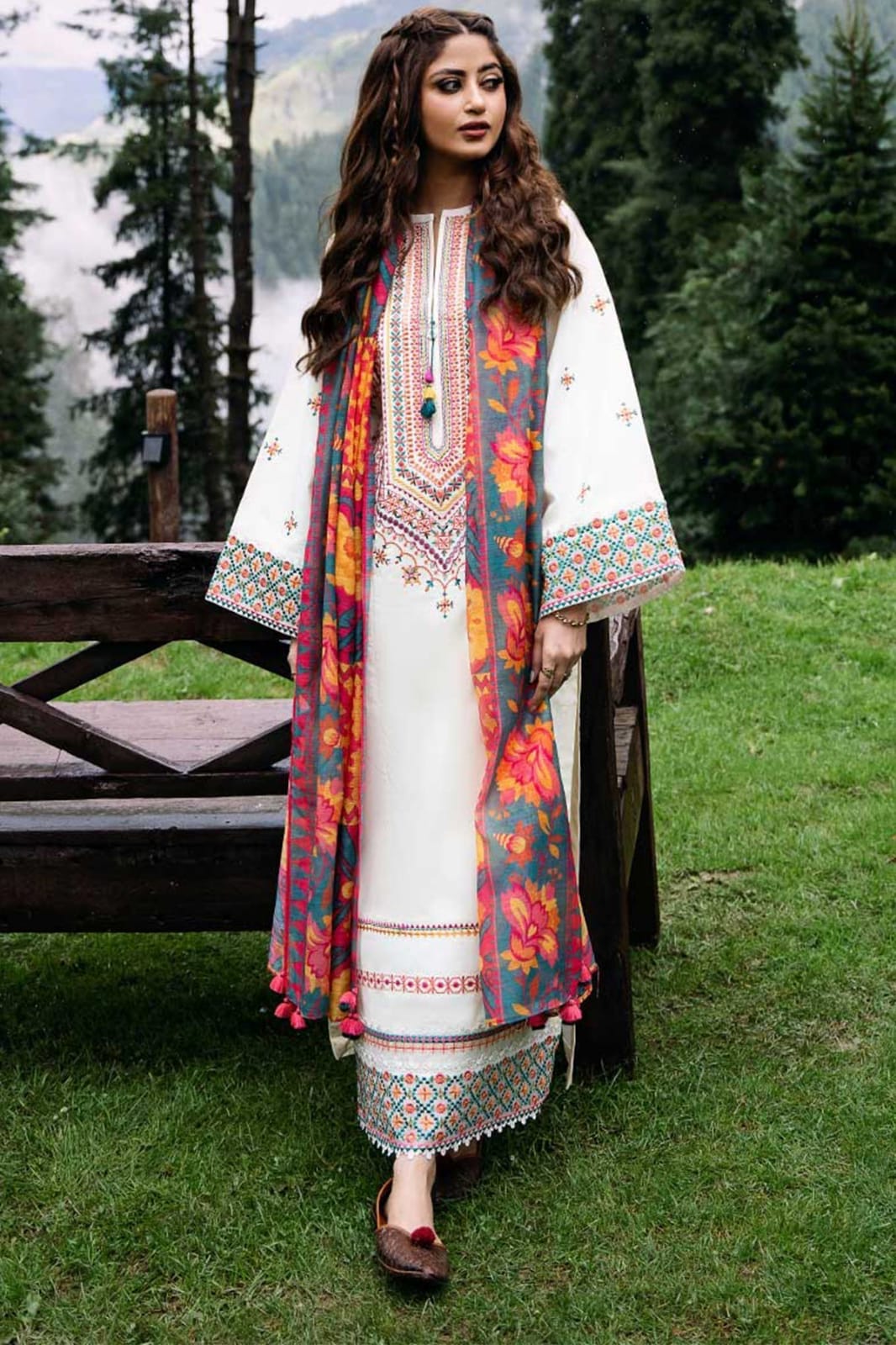 Dhanak-3PC Embroidered Shirt with Digital Printed Wool Shawl - 255