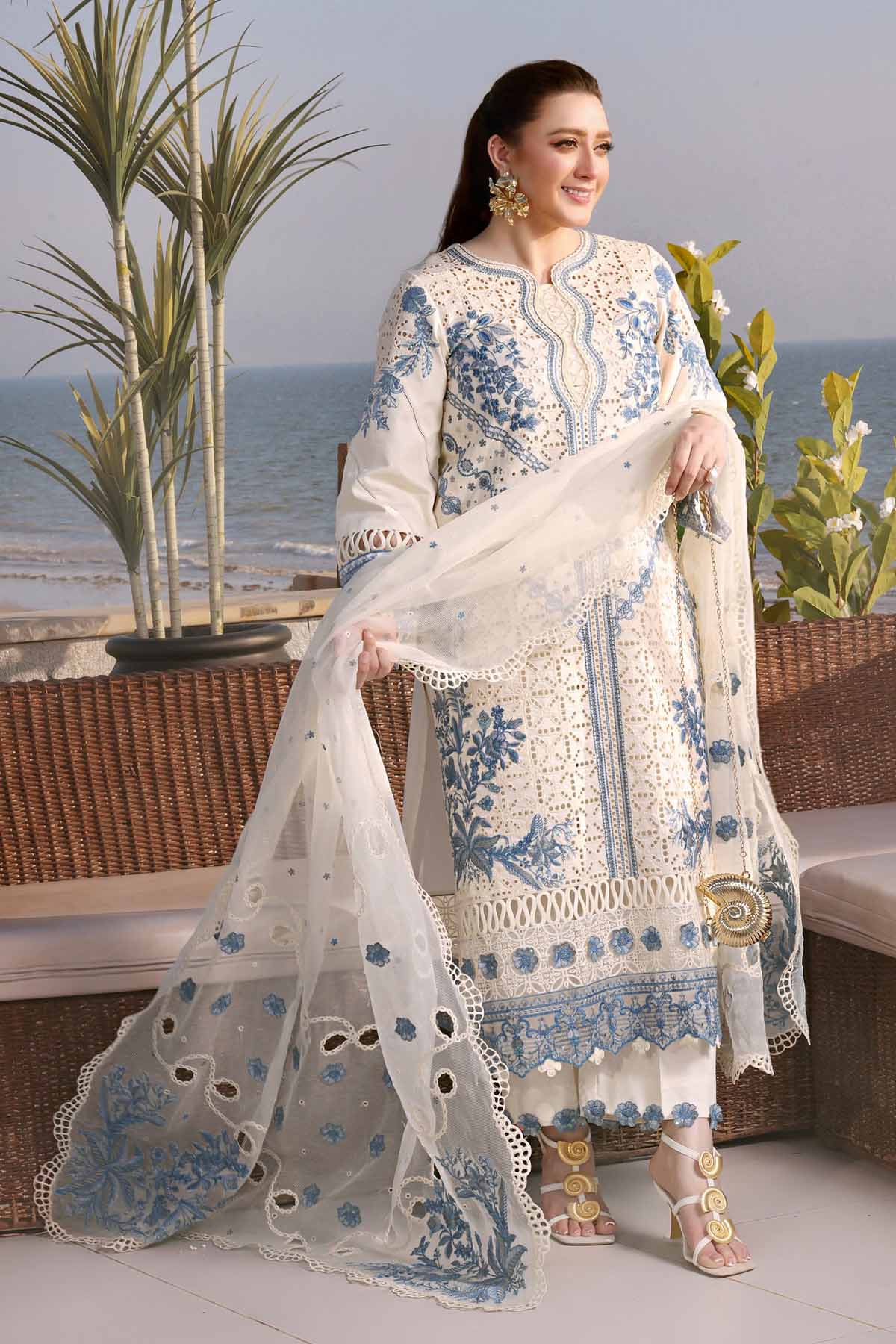 Dhanak-3PC Chikankari Embroidered Shirt with Khadi Net Embroidered Dupatta - 6335