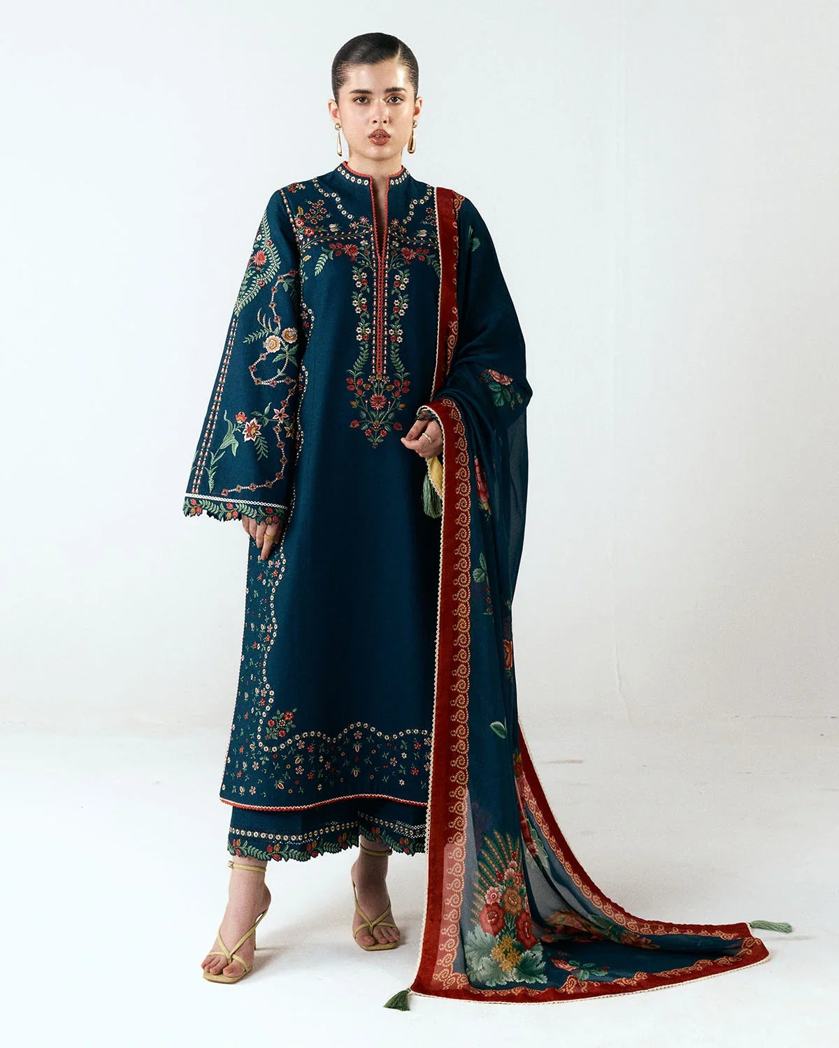 Dhanak-3PC Embroidered Shirt with Digital Printed Shawl- 6395