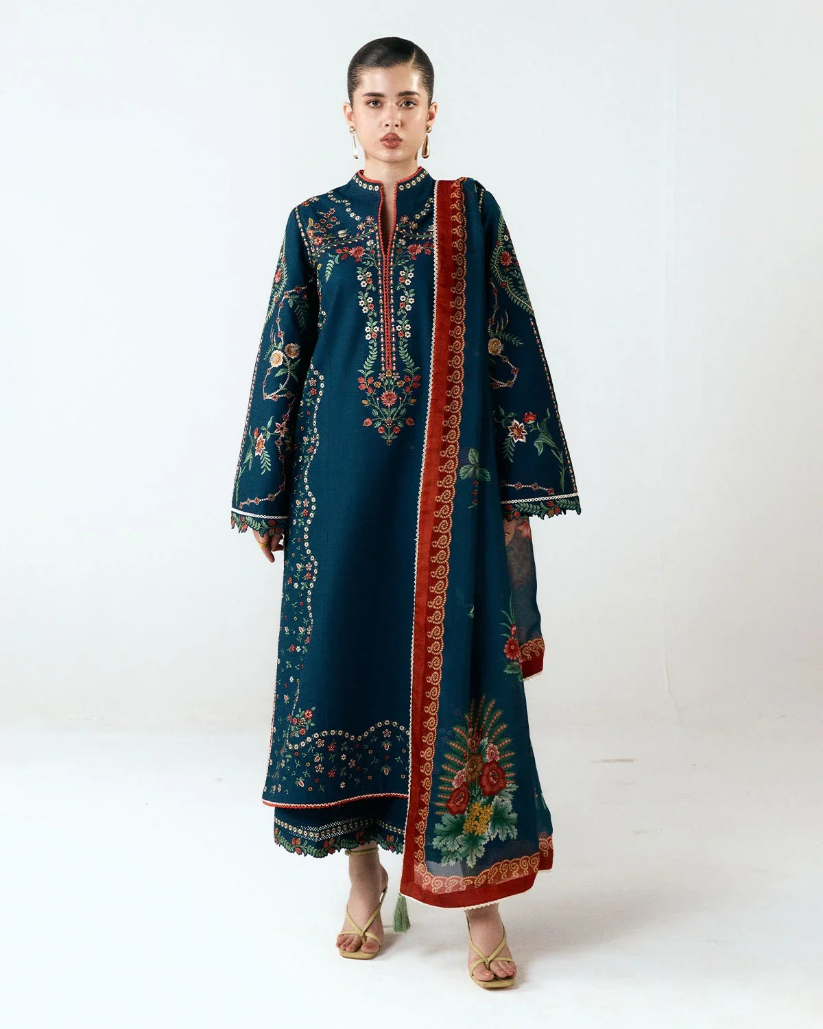 Dhanak-3PC Embroidered Shirt with Digital Printed Shawl- 6395