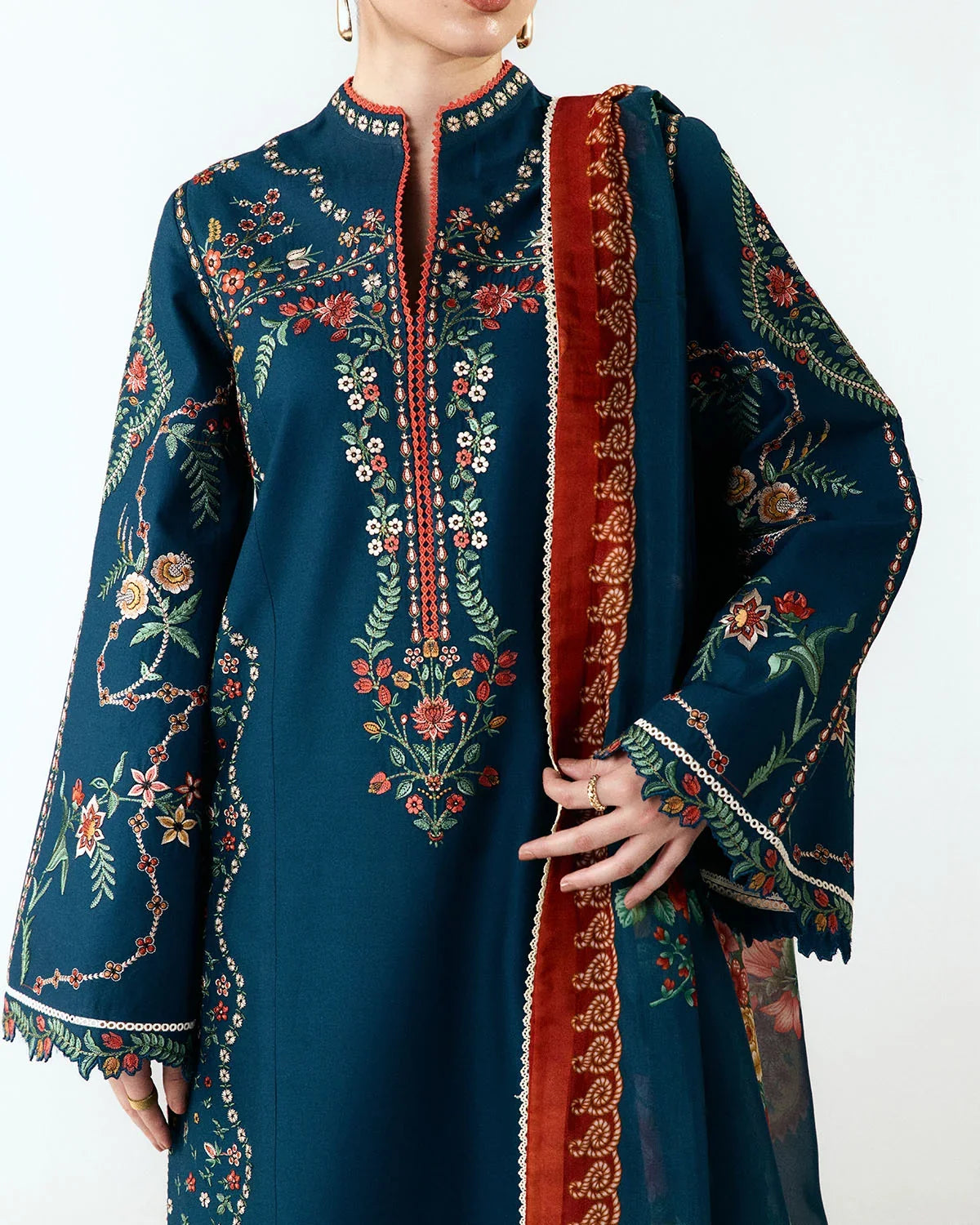 Dhanak-3PC Embroidered Shirt with Digital Printed Shawl- 6395