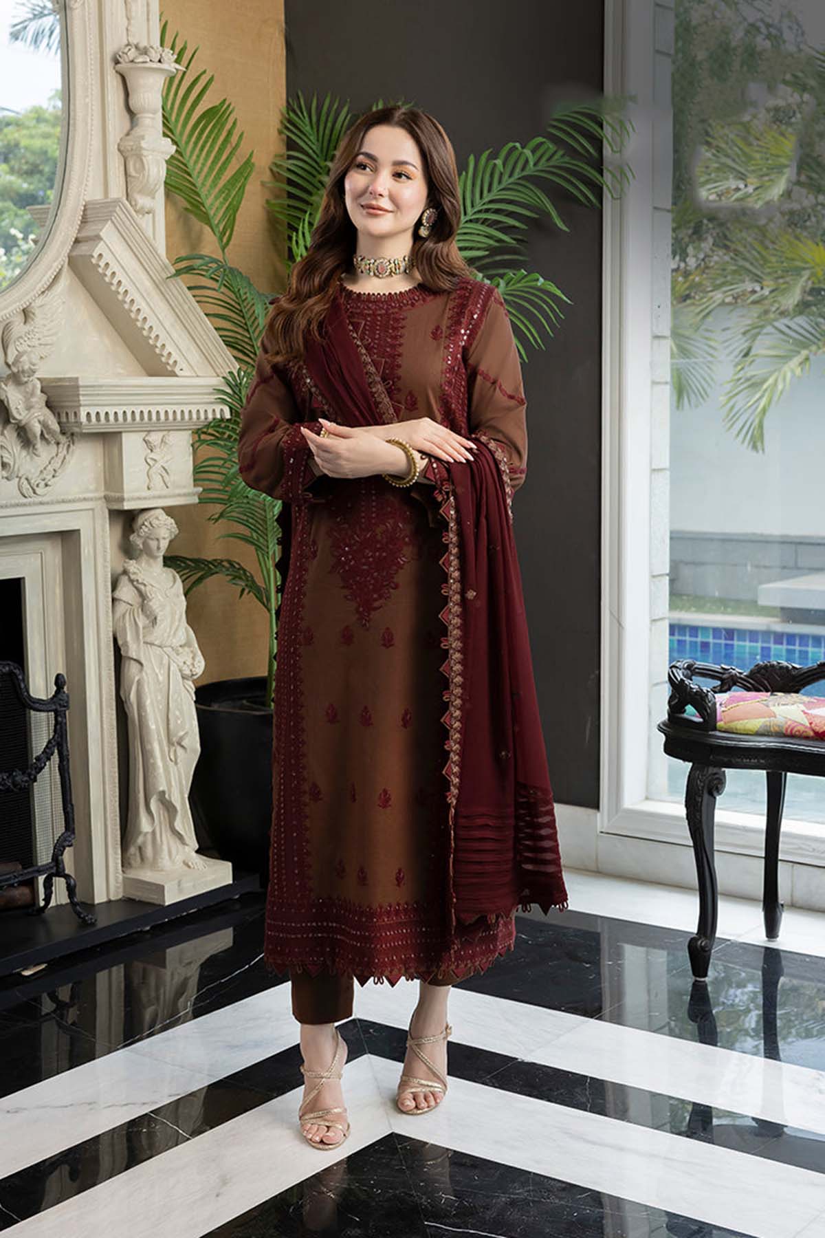 Dhanak-3PC Embroidered Shirt with Chiffon Embroidered Dupatta - 128