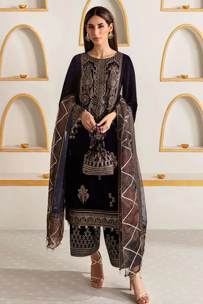 3PCS Embroidered Velvet Dress with Organza Embroidered Dupatta Velvet Winter Collection 7001