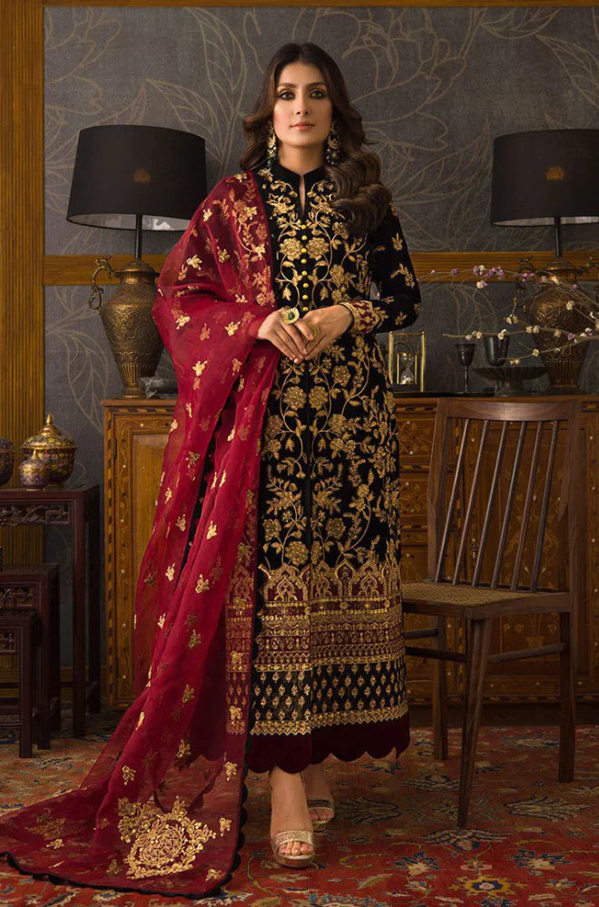 3PCS Velvet Embroidered Shirt With Organza Embroidered Dupatta Velvet Winter Collection 299