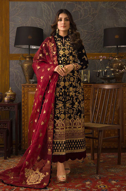3PCS Velvet Embroidered Shirt With Organza Embroidered Dupatta Velvet Winter Collection 299