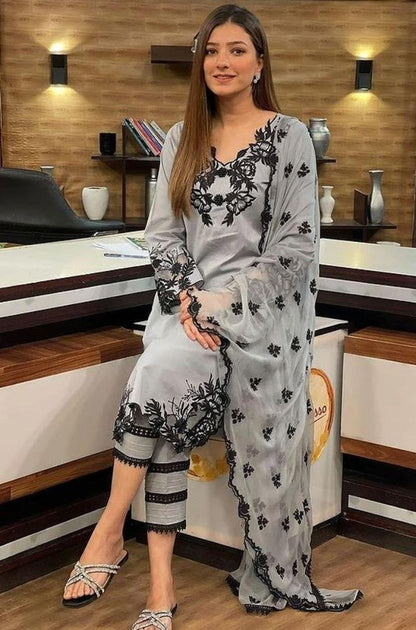 Dhanak-3PC Embroidered Shirt with Chiffon Embroidered Dupatta - 6138
