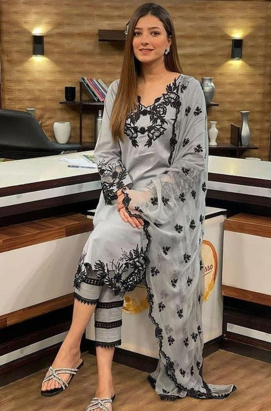 Dhanak-3PC Embroidered Shirt with Chiffon Embroidered Dupatta - 6138