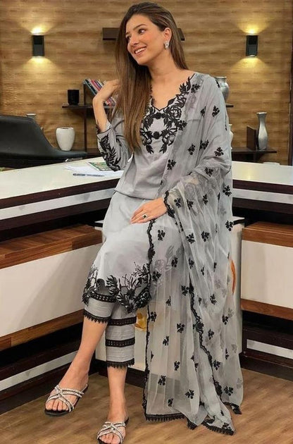 Dhanak-3PC Embroidered Shirt with Chiffon Embroidered Dupatta - 6138