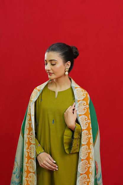 3PCS Embroidered Shirt with Digital Printed Jacquard Dupatta Lawn Collection ULM-1074