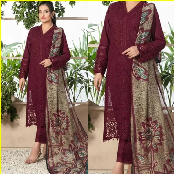 A+ 3PCS Chikenkari Mehroon Embroidered Lawn Collection D-762