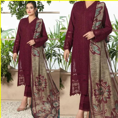 A+ 3PCS Chikenkari Mehroon Embroidered Lawn Collection D-762