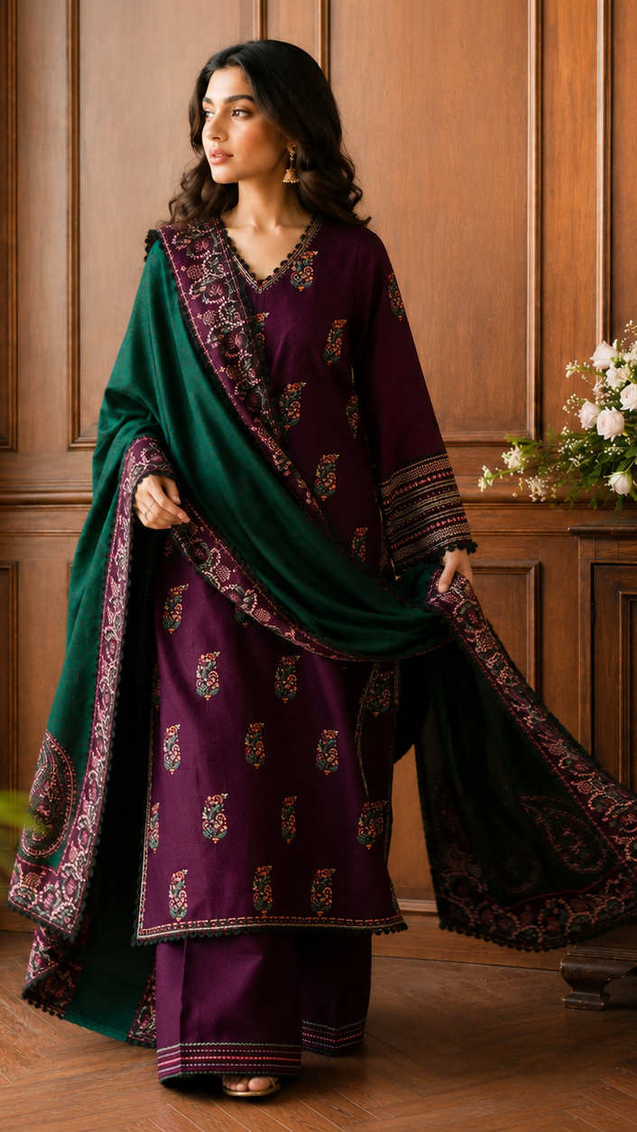 Dhanak-3PC Embroidered Shirt with Dhanak Embroidered Dupatta- 3563