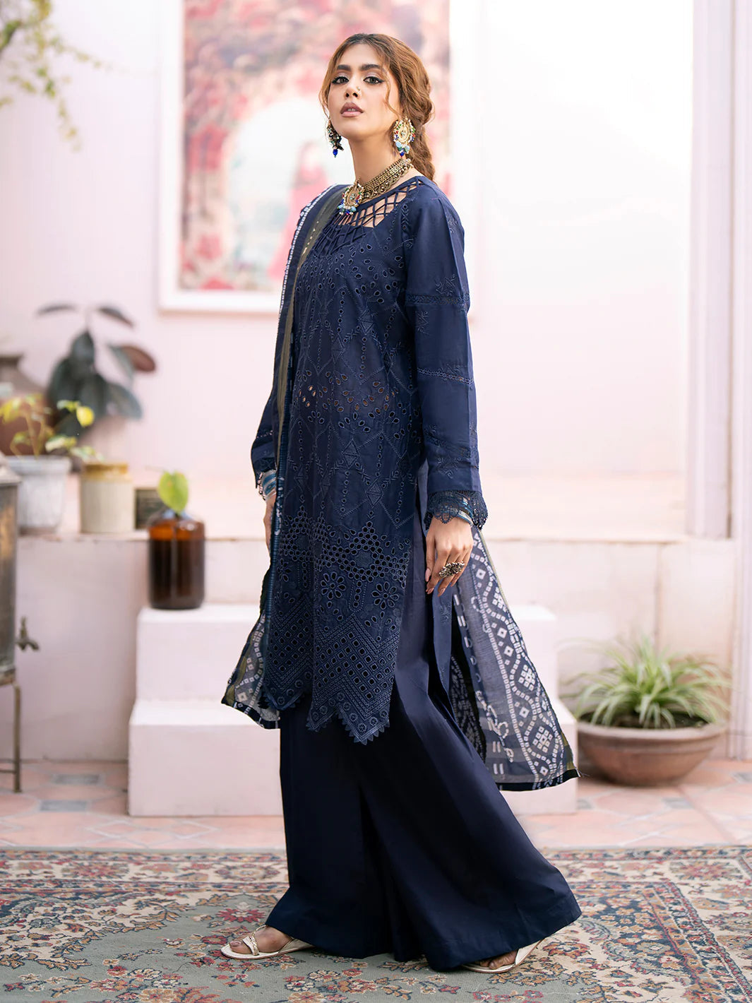 Chikankari 3PC  Dhanak Embroidered With Digital Printed Shawl-118