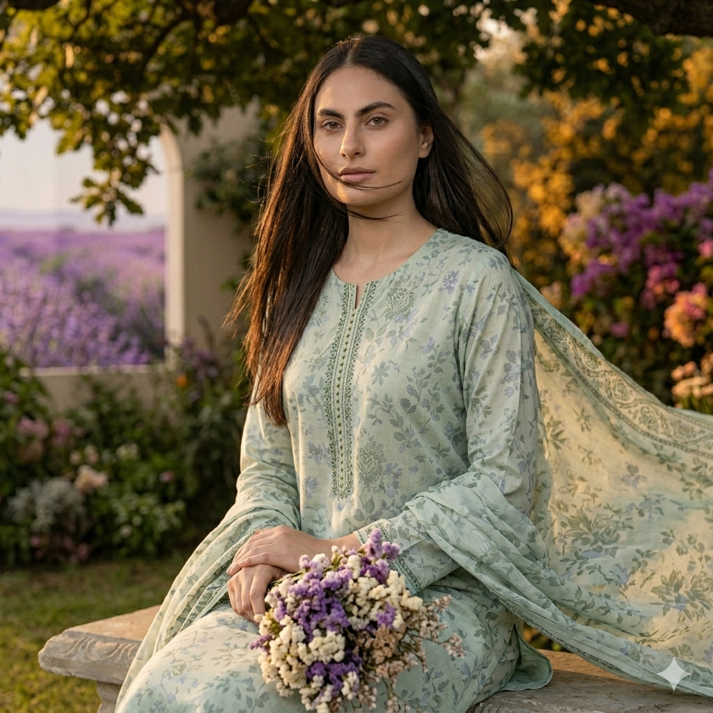 3PC Digital Printed Lawn Collection With Embroided Neck Line And Daman SC-1002