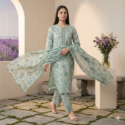 3PC Digital Printed Lawn Collection With Embroided Neck Line And Daman SC-1002