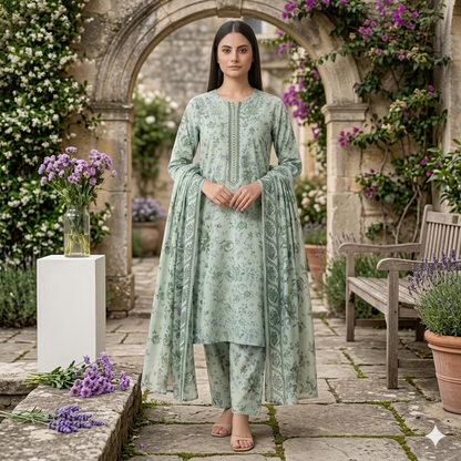 3PC Digital Printed Lawn Collection With Embroided Neck Line And Daman SC-1002