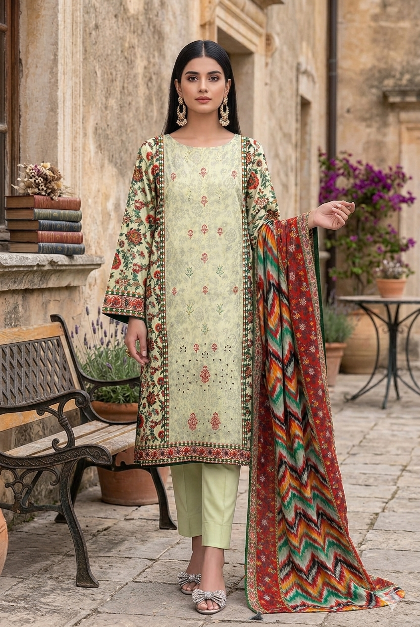 3PC Digital Printed Lawn Collection With Embroided Neck Line And Daman SC-1001