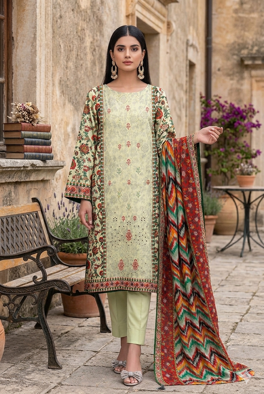 3PC Digital Printed Lawn Collection With Embroided Neck Line And Daman SC-1001