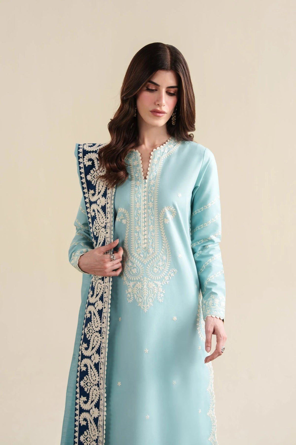 Dhanak-3PC Embroidered Shirt with Khadi Net Embroidered Dupatta - 6348