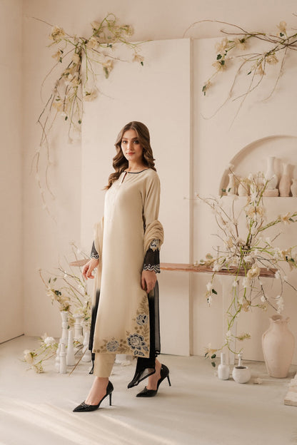 Dhanak-3PC Embroidered Shirt with Chiffon Dyed Dupatta - 6095