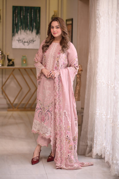 Dhanak-3PC Chikankari Embroidered Shirt with Manaar Embroidered Dupatta - 6107