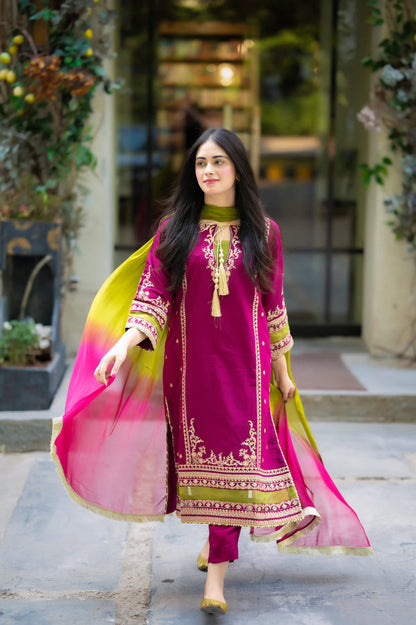 Linen-3PC Embroidered Shirt with Chiffon Tie-Dye Dupatta - 1311