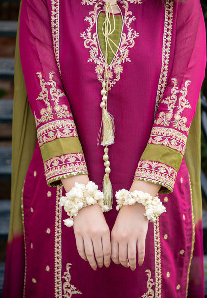 Linen-3PC Embroidered Shirt with Chiffon Tie-Dye Dupatta - 1311